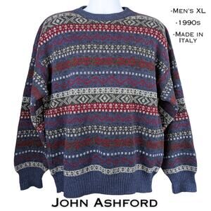 90s John Ashford VTG Fair Isle Sweater XL Multicolor Geometric Made In Italy